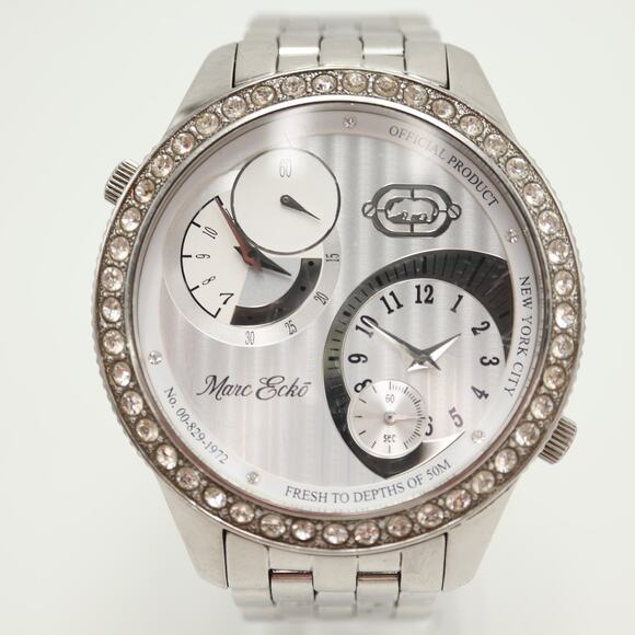 Marc Ecko Mens Dual Time Silver Tone Jumbo 50mm Watch St Steel w New Battery - Picture 5 of 15
